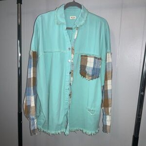 POL aqua plaid button front Patchwork shacket Sz 2XL Distressed raw hem